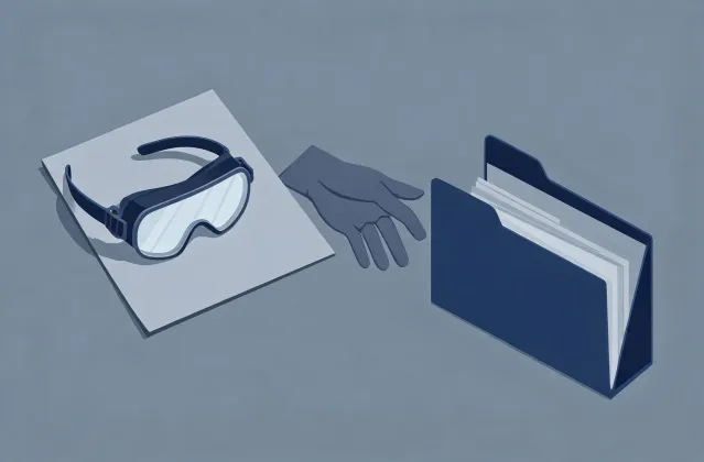 Illustration of a splash goggles specification brief handing off to a quotation folder