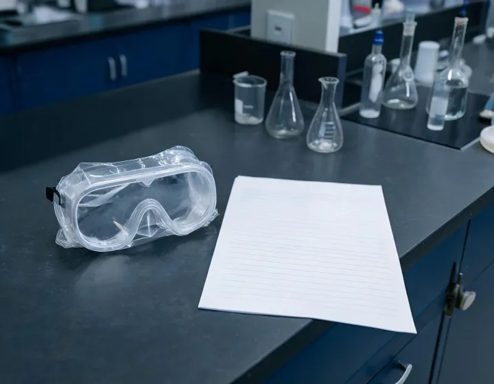 Safety splash goggles specification worksheet beside unlabeled sealed goggles