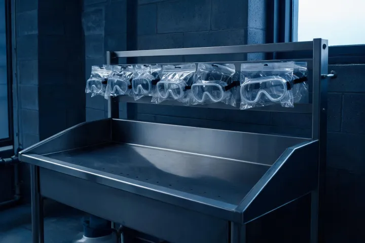 Chemical pour station with unlabeled sealed splash goggles on a rack