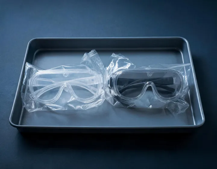 Grid of unlabeled chemical splash goggles on a receiving tray